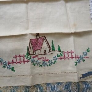 VTG Pure Linen Guest Towels Set Cream Home Sweet Home Embroidered Belgium